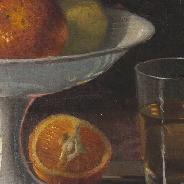 Nature morte avec un fruitier, un pot et un verre de vin - Détail