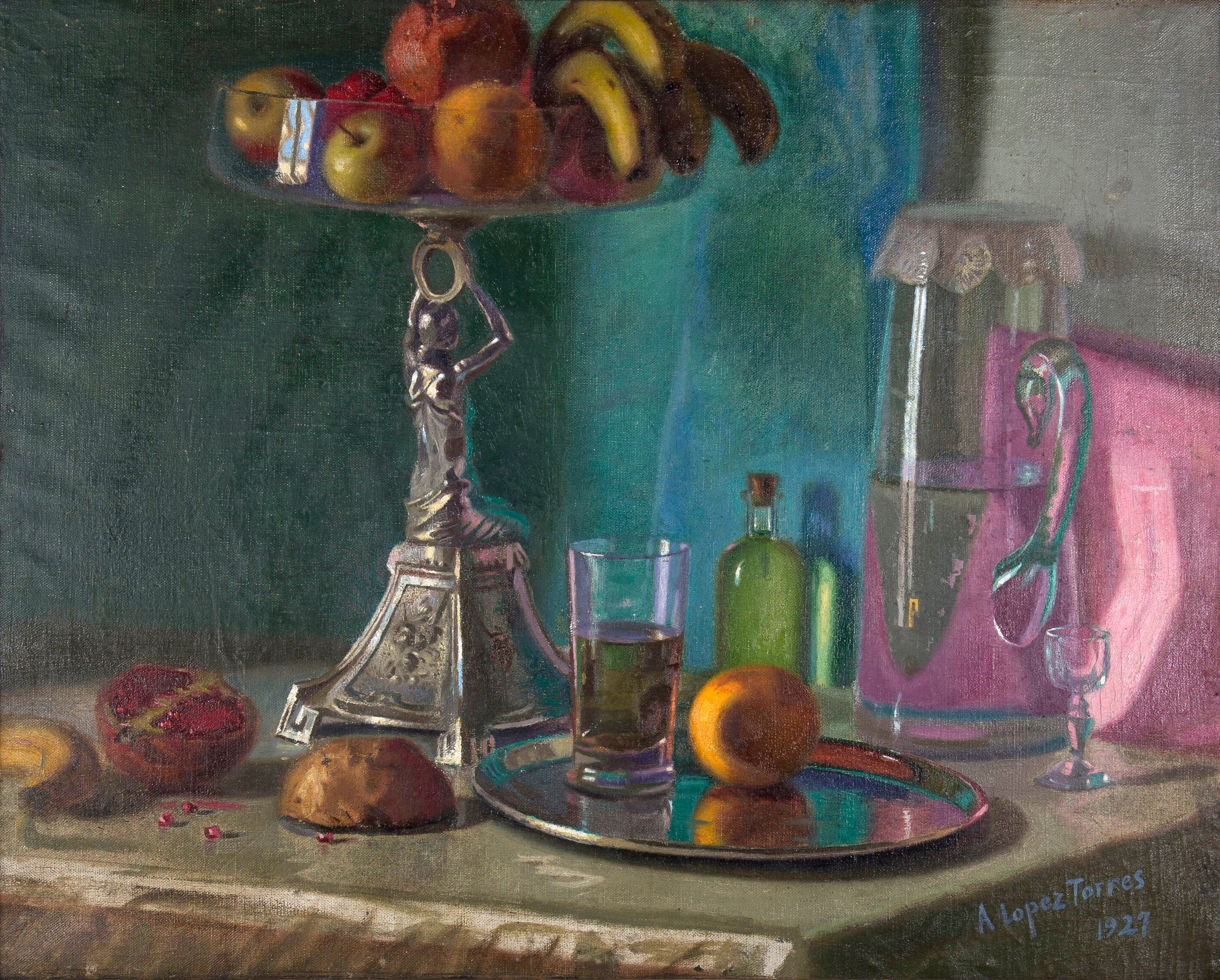 Still life with fruit bowl, pomegranates, tray and jug