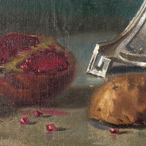 Still life with fruit bowl, pomegranates, tray and jug - Detail