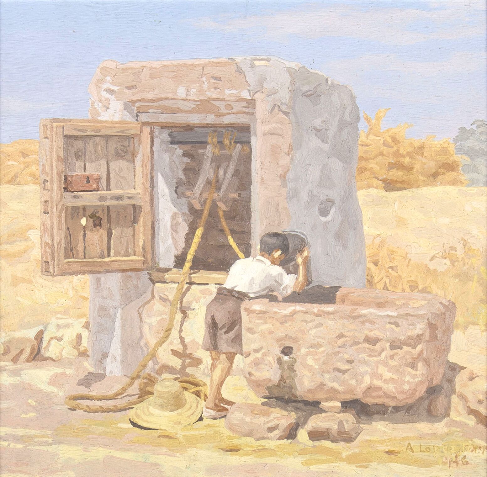 Boy drinking water from a bucket