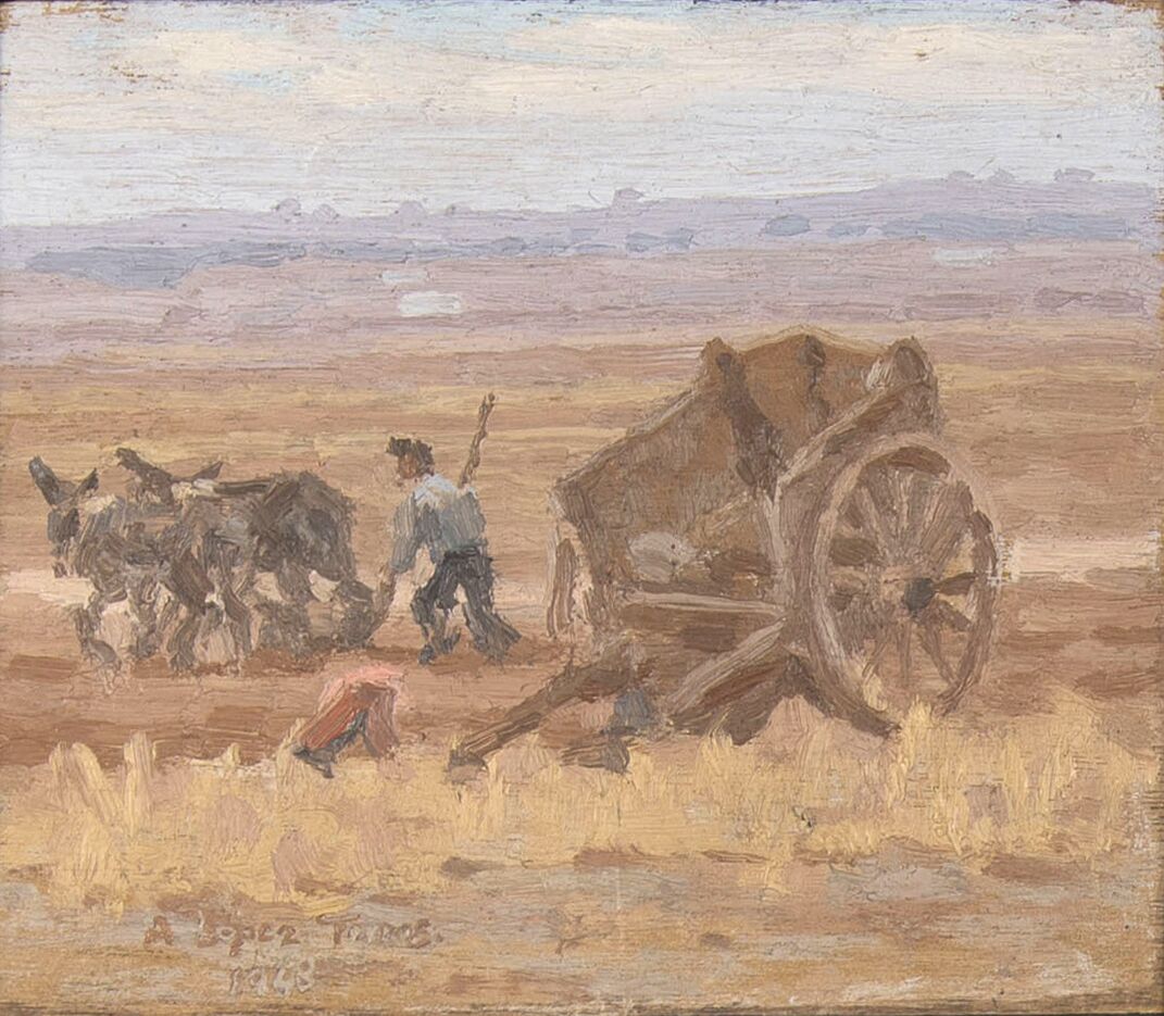Gañán ploughing with two donkeys