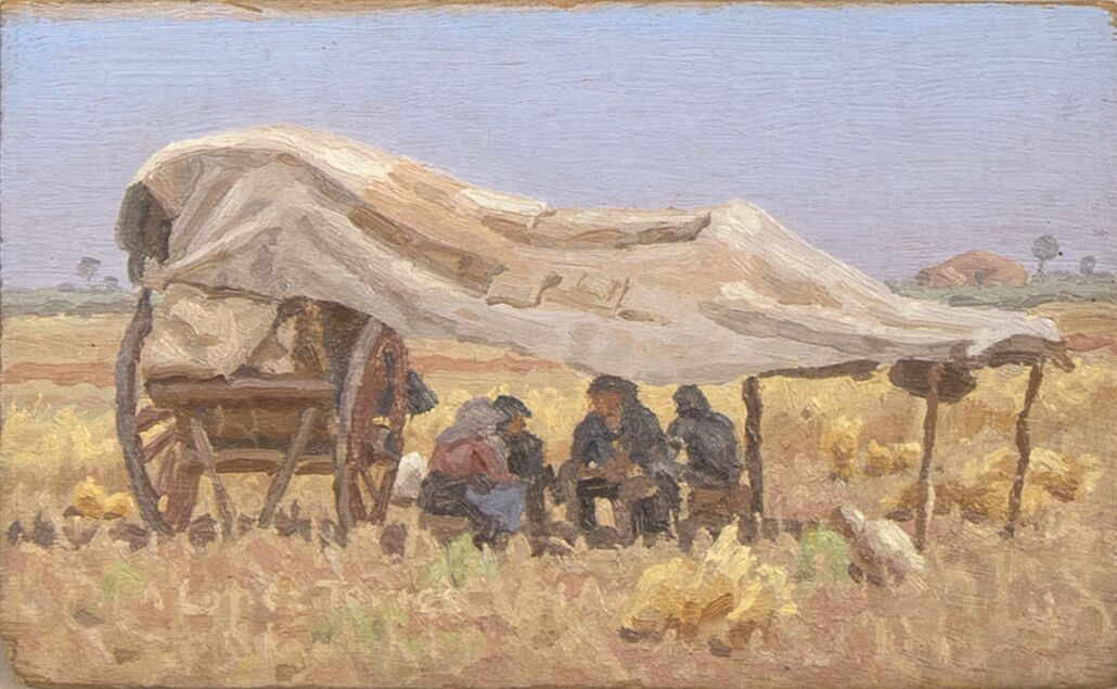 Reapers under a tarpaulin