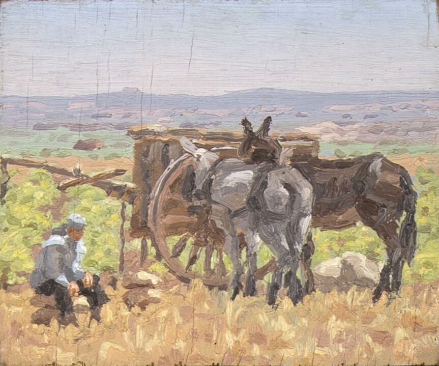 Farmer with a cart and two mules